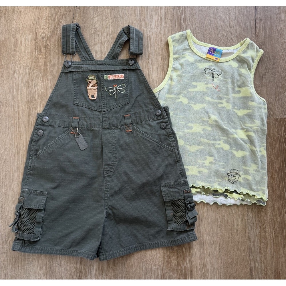 VTG  Winnie Pooh overalls green denim Outdoor Wilderness embroidered Pooh 10-12